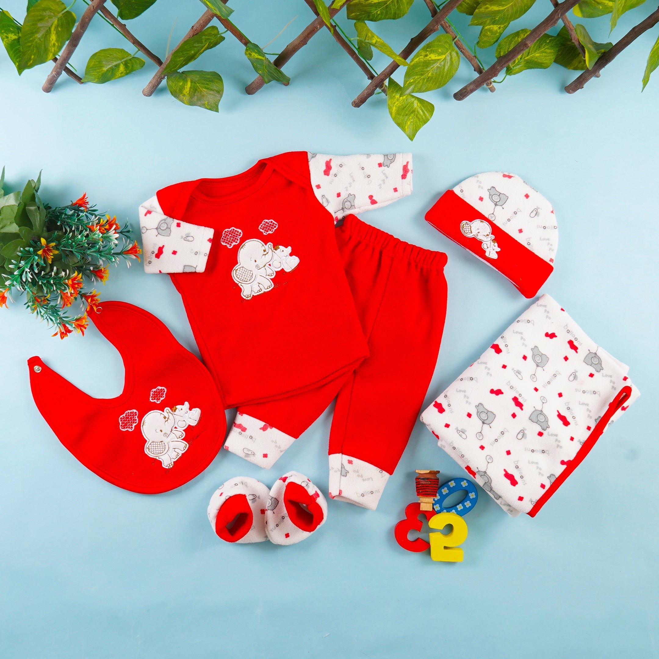 Newborn Baby 7Pcs Fleece Gift Set Elephant Red - Sunshine