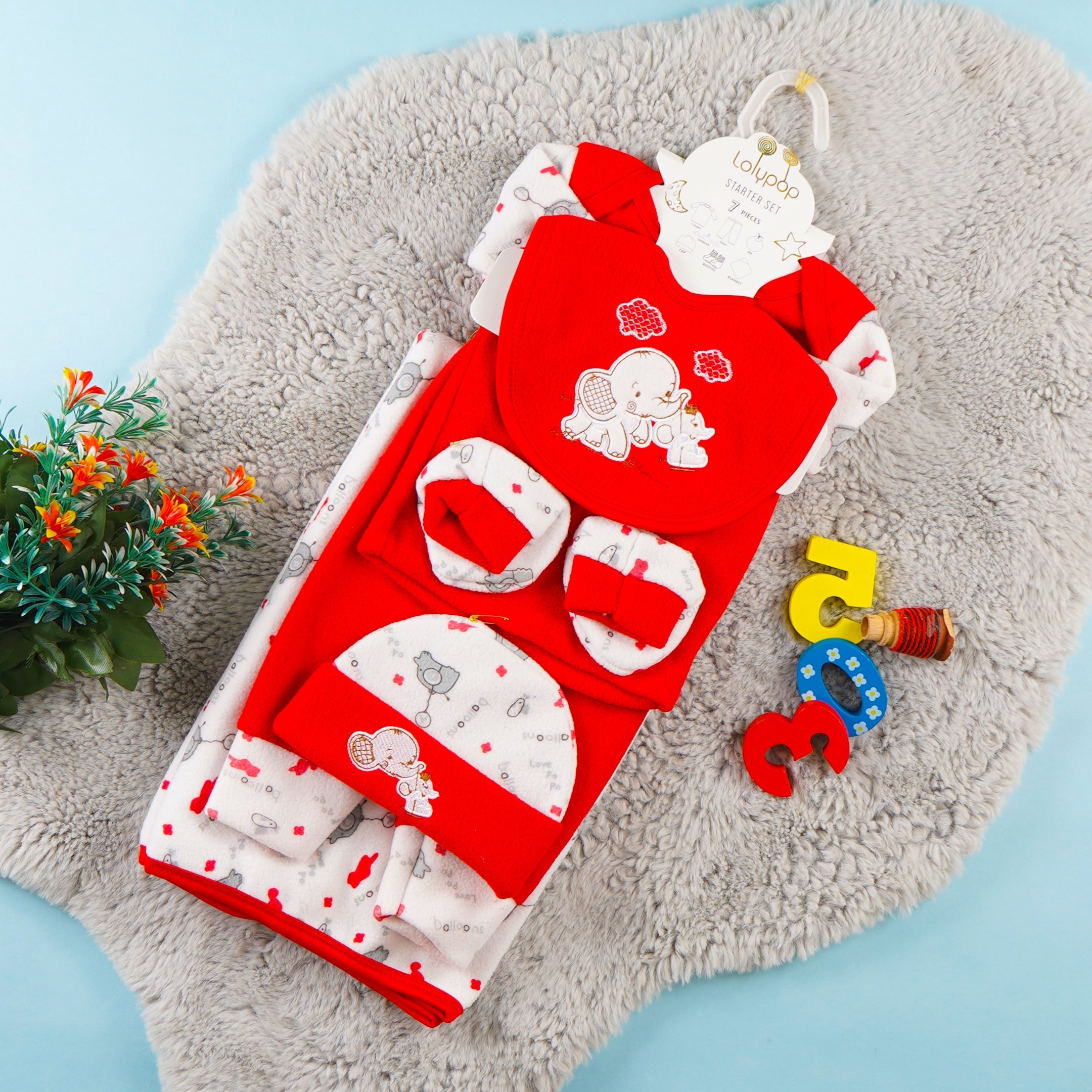 Newborn Baby 7Pcs Fleece Gift Set Elephant Red - Sunshine