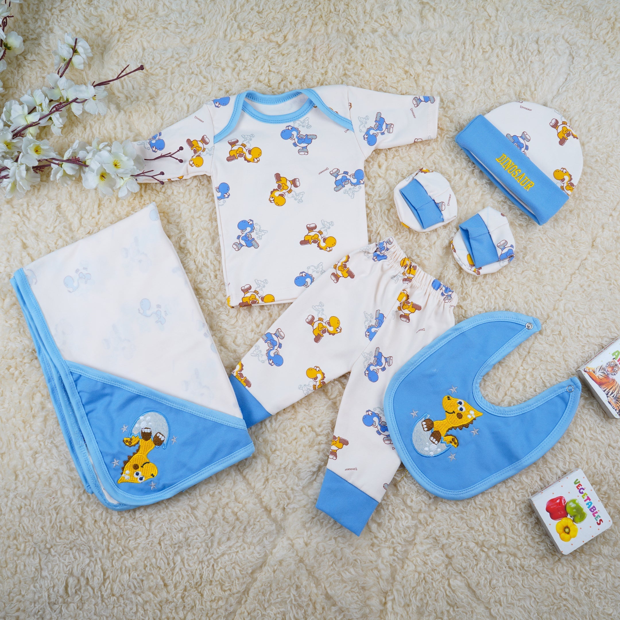 Newborn Baby 7Pcs Fleece Gift Set Dino Blue - Sunshine